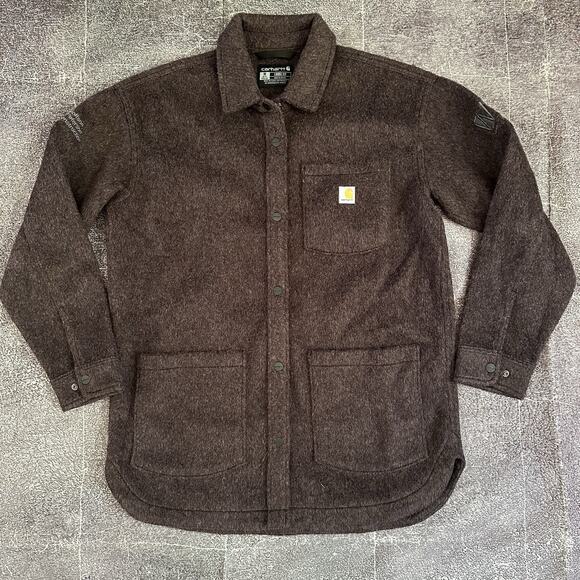 Carhartt Jackets & Blazers - Women's Carhartt Loose Fit Brushed Maroon Fuzzy Fleece Button Shirt Jacket Sz M